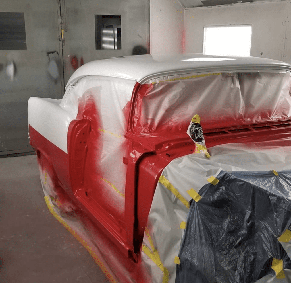Old car freshly painted red